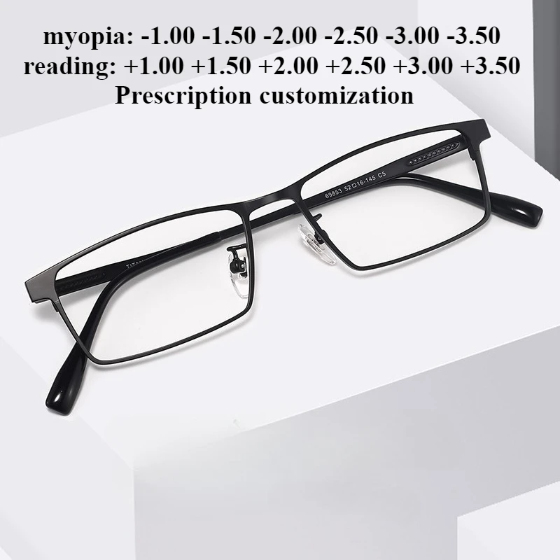 

52-16 Мужские очки в маленькой квадратной оправе из чистого титана с защитой от синего света, очки для чтения для близорукости, очки по рецепту