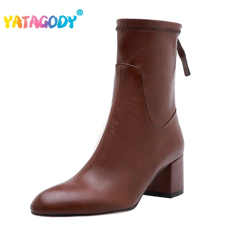 

YATAGODY Size 33-45 Women Stretch Boots Vintage Brown High Heels Shoes For Women Winter 2023 Elastic Zipper Brand Ankle Boots