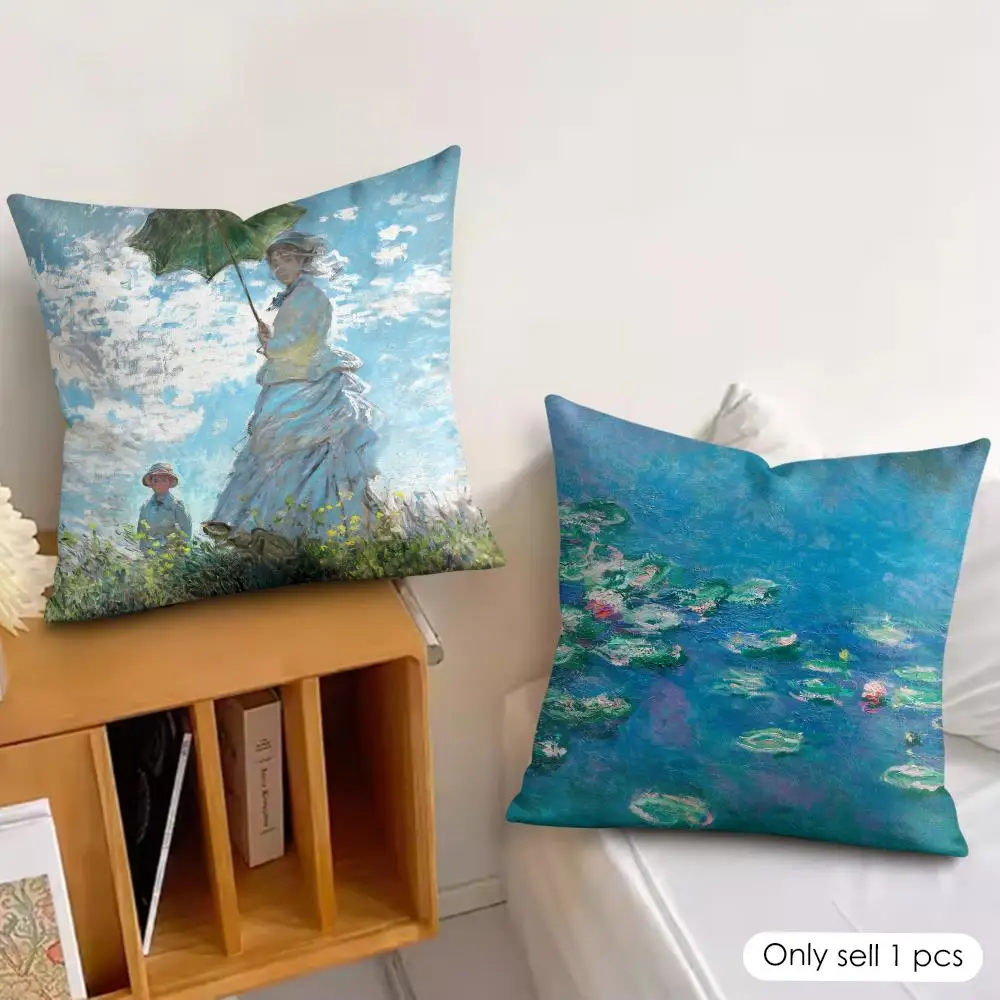 Claude Monet oil art Cushion Cover Silky Short Plush Invisible Zipper Dustproof Sofa Pillow Case for Home Decor