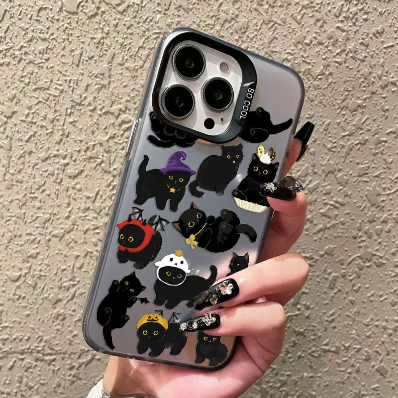 

Cute Cartoon Sketch Little Black Cat Laser Phone Case For iPhone 16 15 Pro Max Plus 13 Mini 12 11 14 Pro Max Shockproof Covers
