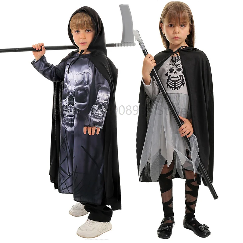 

Children Scary Dark Grim Reaper Cosplay Skull Death Girl Halloween Fancy Dress Up Souls Taker Boys Book Week Costume