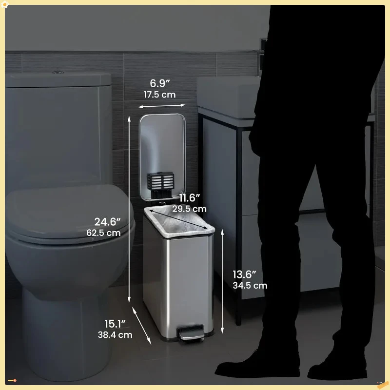 سلة مهملات رفيعة من الفولاذ المقاوم للصدأ سعة 11.4 لتر مع فلتر للرائحة، سلة مهملات حديثة للحمام والمكتب والمطبخ