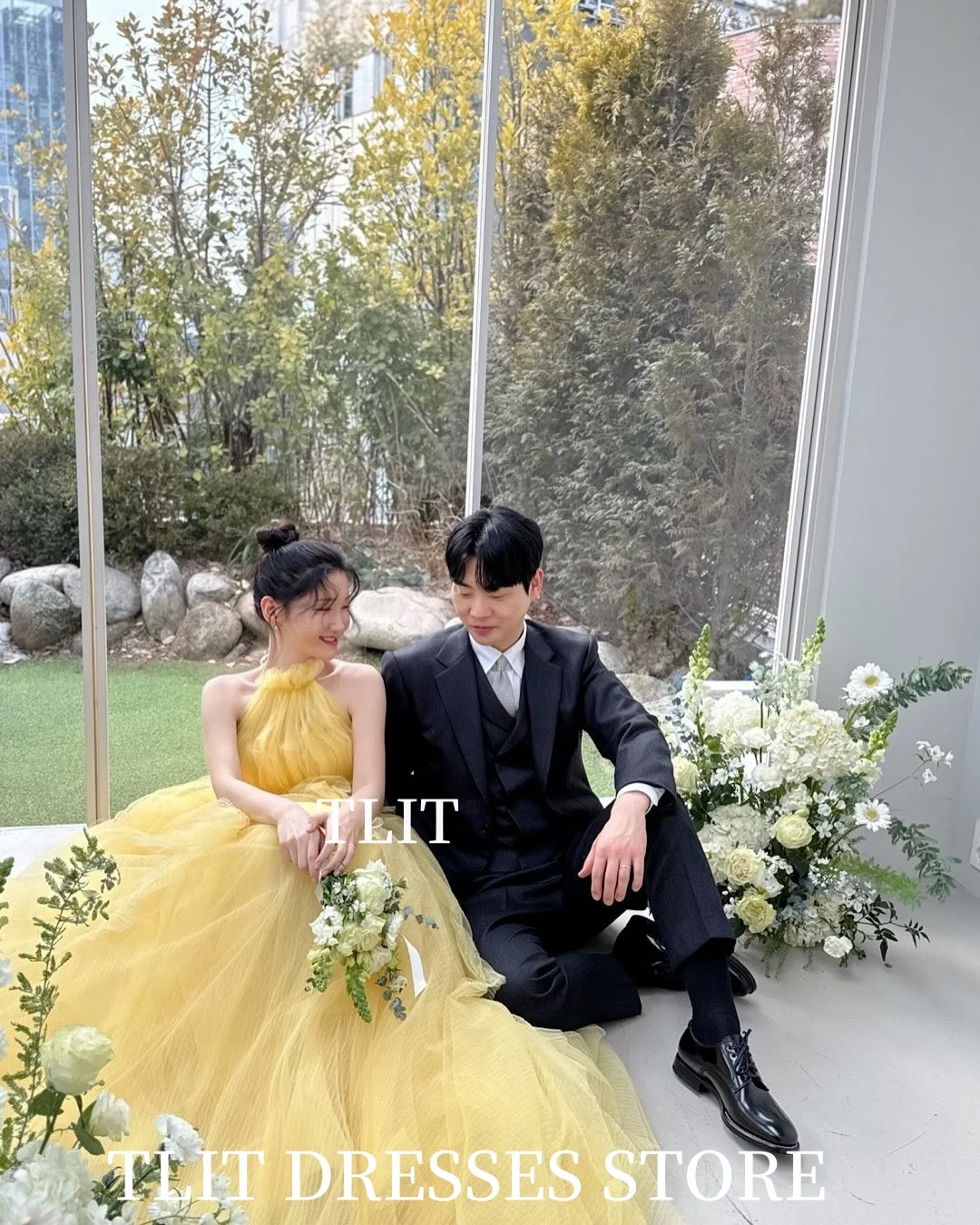 TLIT エレガントなライトイエローのイブニングドレス韓国のウェディングドレス写真撮影ホルタープロムドレスカスタマイズされたフロアレングスドレス