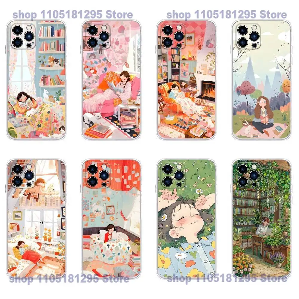 

Reading Bookshelf Girl Phone Case For iPhone 16,Pro,15,ProMax,14,Plus,13,12,11,Pro,16,E IPhone Air,17,Pro Drop Protection Cover