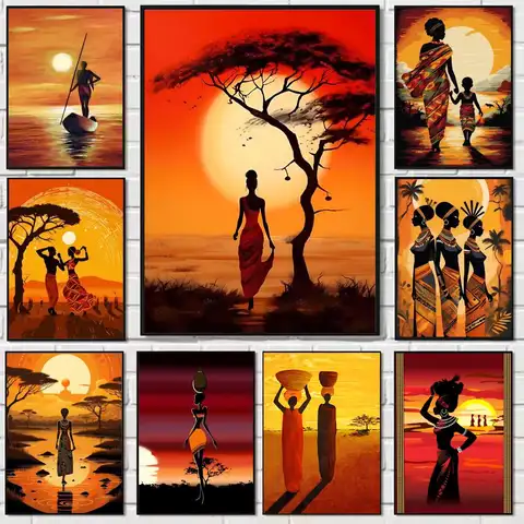 Abstract African life Sunset Art Poster Self-adhesive Art Waterproof Paper Sticker House Bar Room seaside Wall Decor