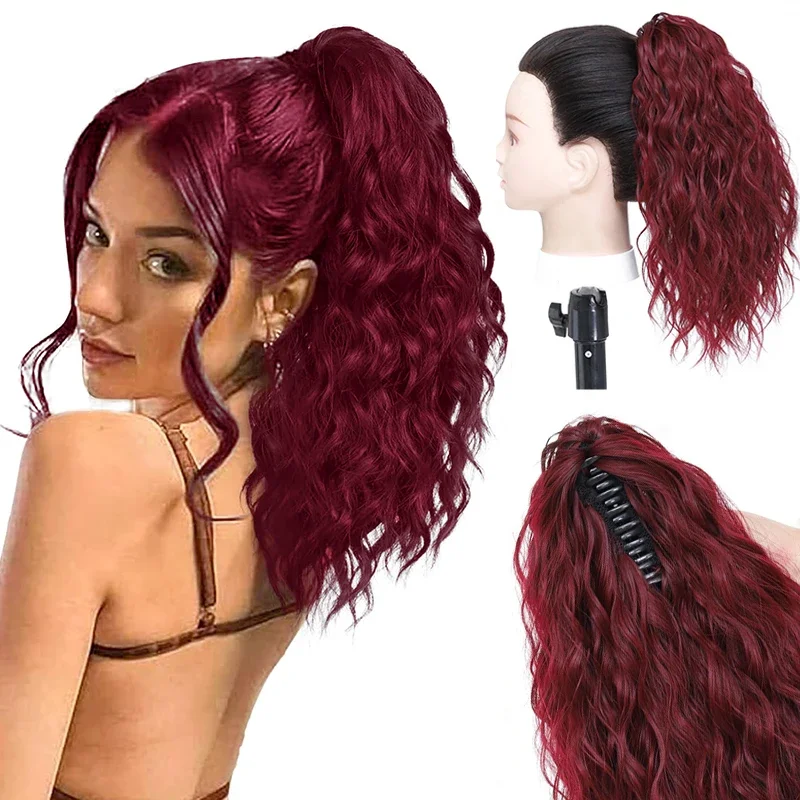 Short Water Wave Ponytail for Women 14Inch Natural Curly Claw Ponytail Hair Extensions Synthetic Curly Wavy Hairpiece Horse Tail