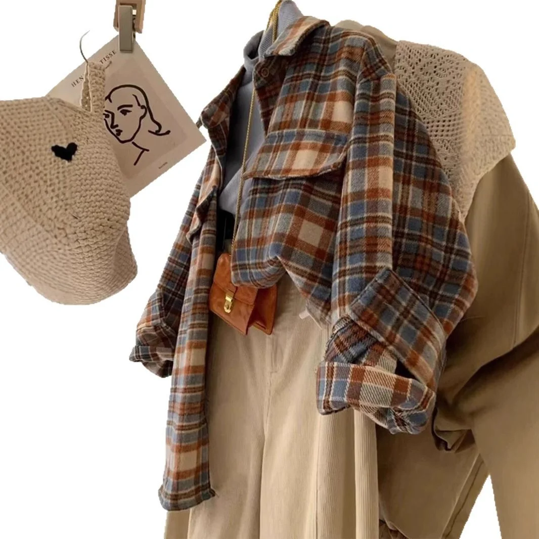 الأمريكية الرجعية المتناقضة اللون منقوشة قميص المرأة ترتيب الأسرة طوق سترة بأكمام طويلة ربيع الخريف فضفاض نحى الأعلى #5