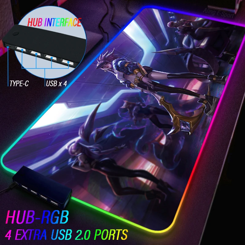 League of Legends KDA Gaming RGB Luminous Mouse Pad 4USB Type C HUB LED Mat Akali Ahri KaiSa Desk Mat LOL KDA KaiSa Wrist Carpet