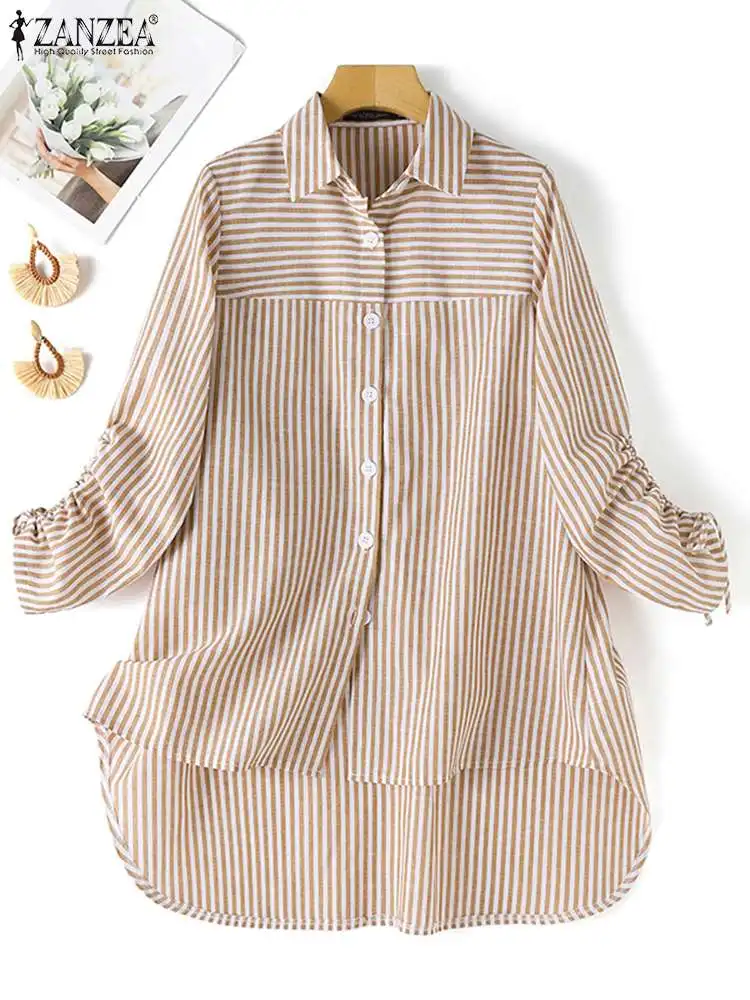 2023 ZANZEA Fashion Women Vintage Striped Blouse Casual Loose Muslim Tops Islamic Clothing Autumn Lapel Neck Long Sleeve Shirt