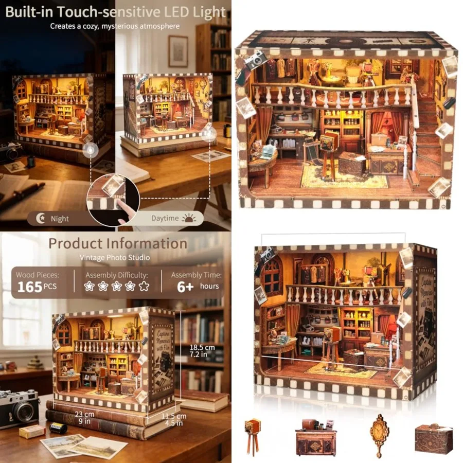 

Book Nook Kit - DIY Miniature Wooden Booknook with LED Lights, Dust Cover 3D Puzzle Bookend Bookshelf Decor Gift for Adults Tee