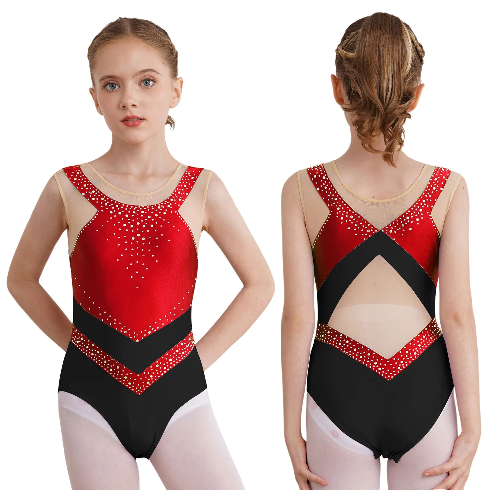 Kids Girls Gymnastics Figure Skating Jumpsuit Rhinestones Sleeveless Sheer Mesh Ballet Dance Leotard Stage Performance Costume