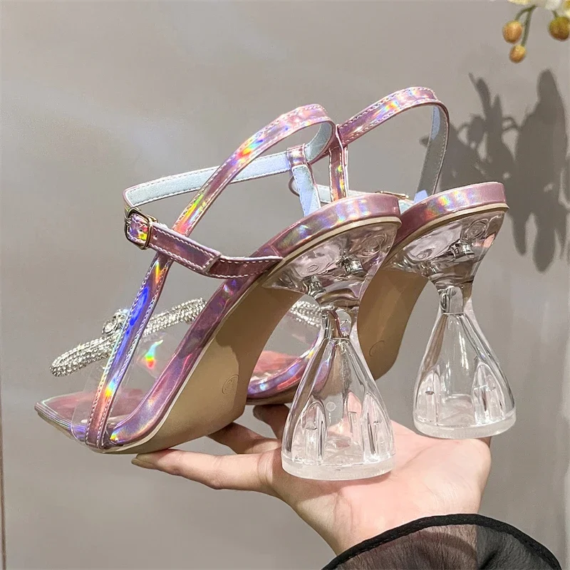 Eilyken-Sandálias de nó borboleta para mulheres, fivela, dedo do pé quadrado, cristal, transparente, salto alto, sapatos de festa, moda