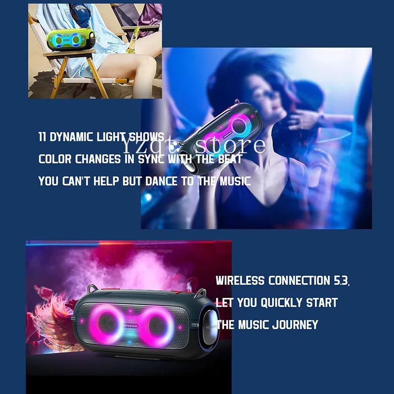 HOPESTAR A41Party مكبر صوت بلوتوث لاسلكي خارجي 16 وات مكبر صوت مزدوج نبض ضوء وامض حزام محمول