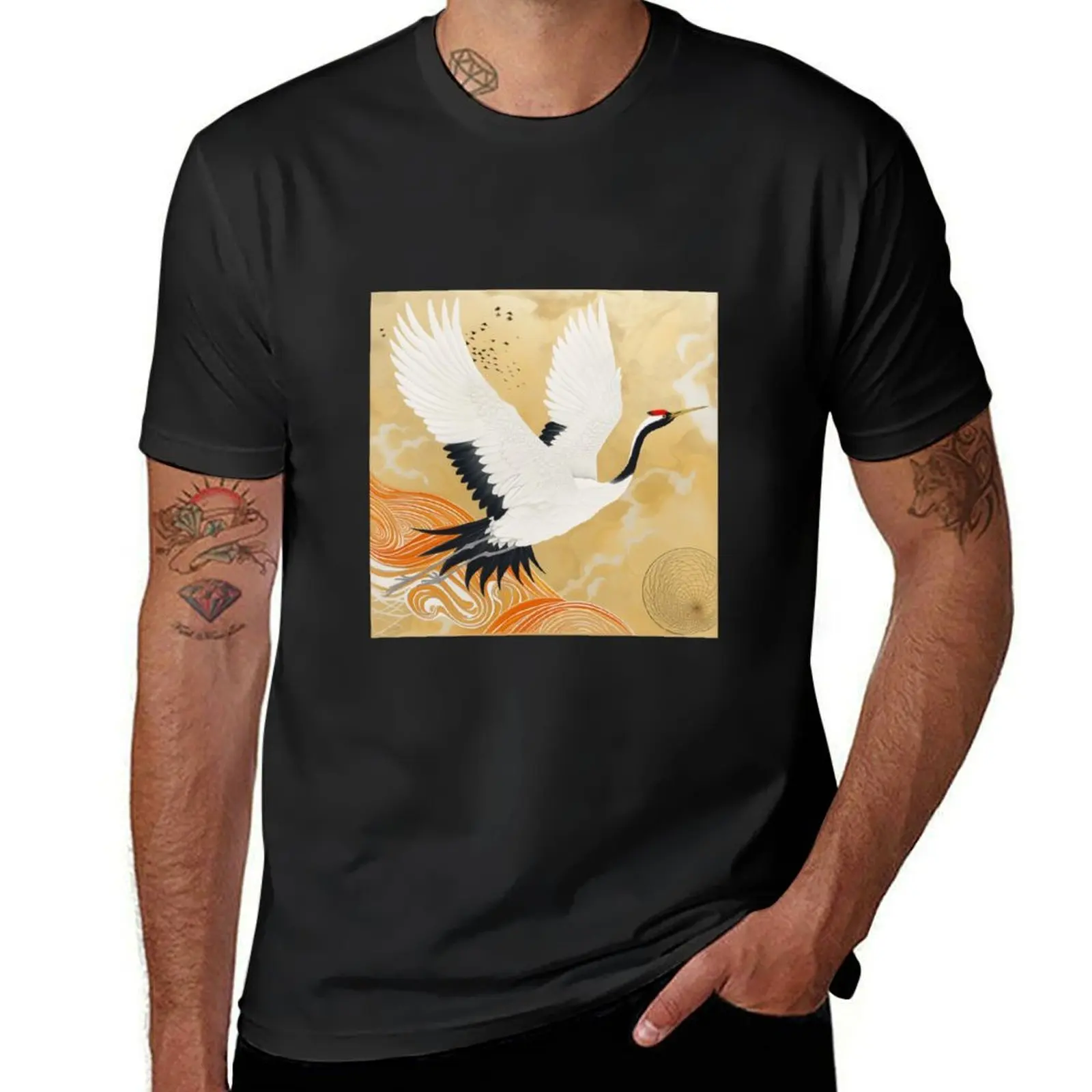 

A crane in flight, a Japanese symbol of happiness, fidelity and longevity. T-Shirt Blouse tees anime mens workout shirts