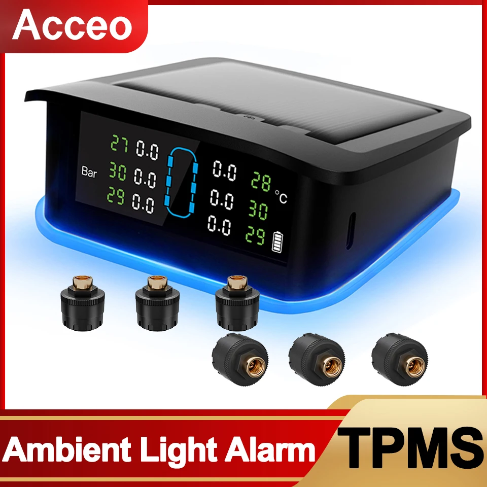 TPMS 6 Wheels Tire Pressure Monitoring System Ambient Light Alarm Solar LCD Display Real-Time Pressure Temperature Sensor