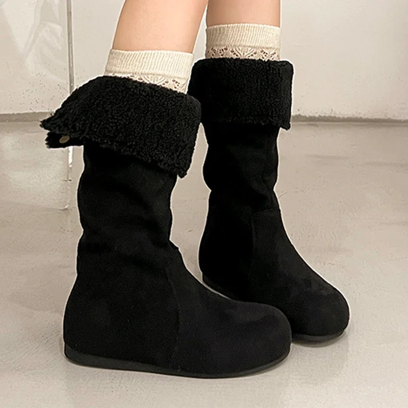 

Женские высокие сапоги на плоской подошве, замшевая теплая обувь, модное платье, новые зимние женские сапоги, 2025 г., уютные дизайнерские сапоги до колена Femme Snow Botas