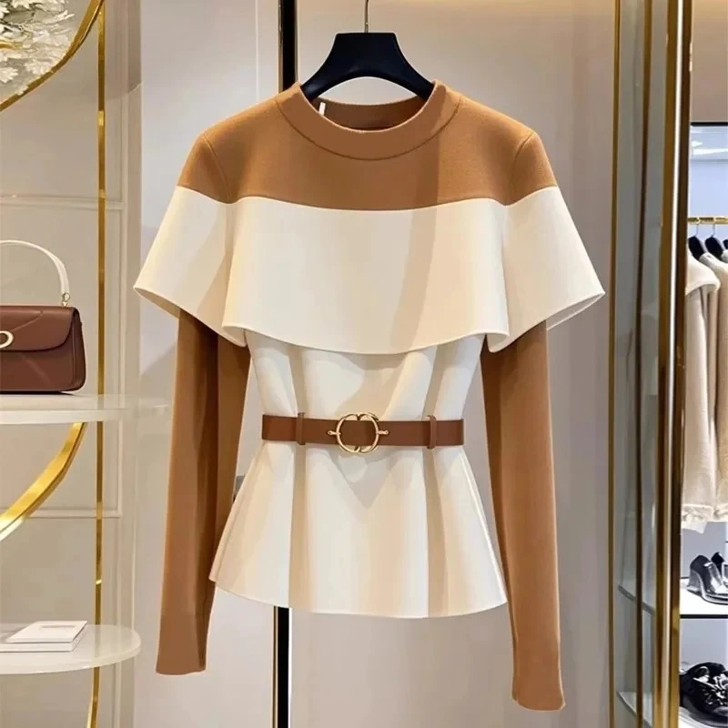 

Colorful Korean Style Chic and Beautiful Top Women's Clothing Autumn and Winter Khaki Color Contrasting High-End Top XQ185