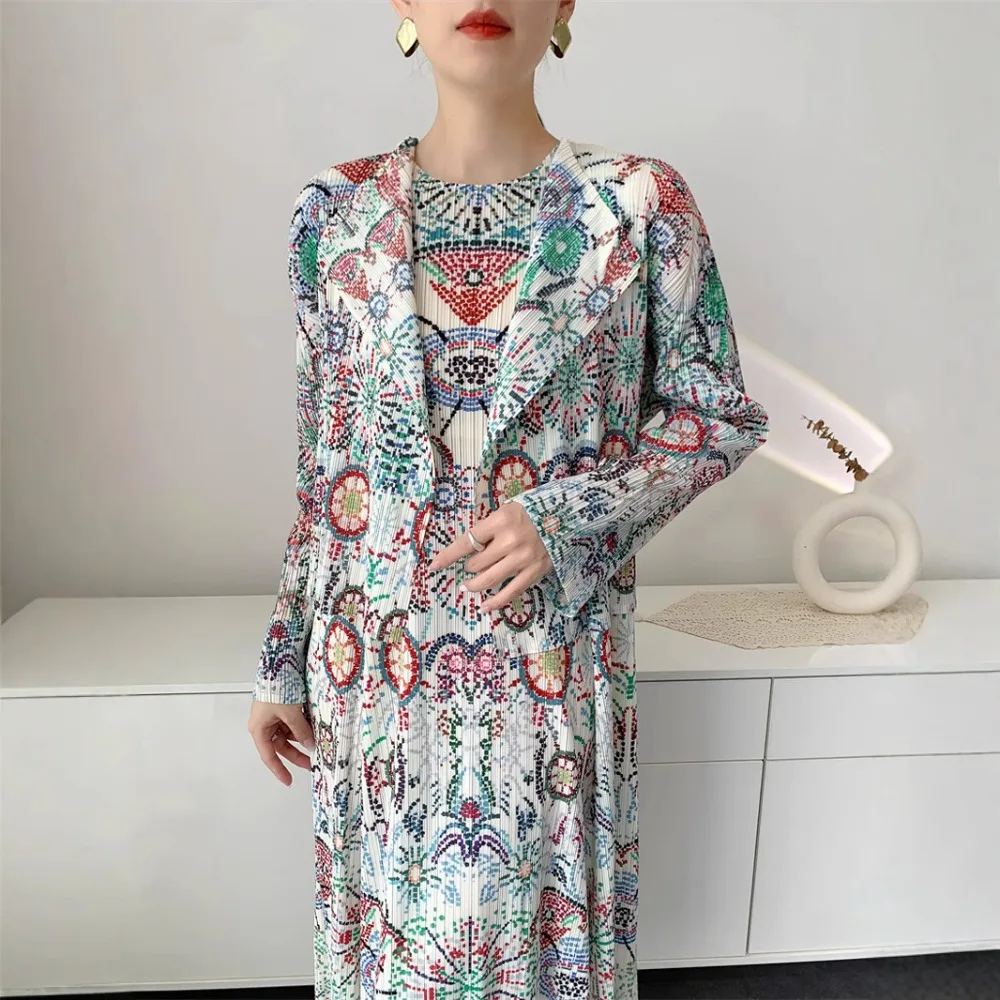 Miyake Pleated Dress Set 2025 Summer New Pleats Print Bustier Dress  Plus Size Women's Loose Fold Party Dresses Original Design