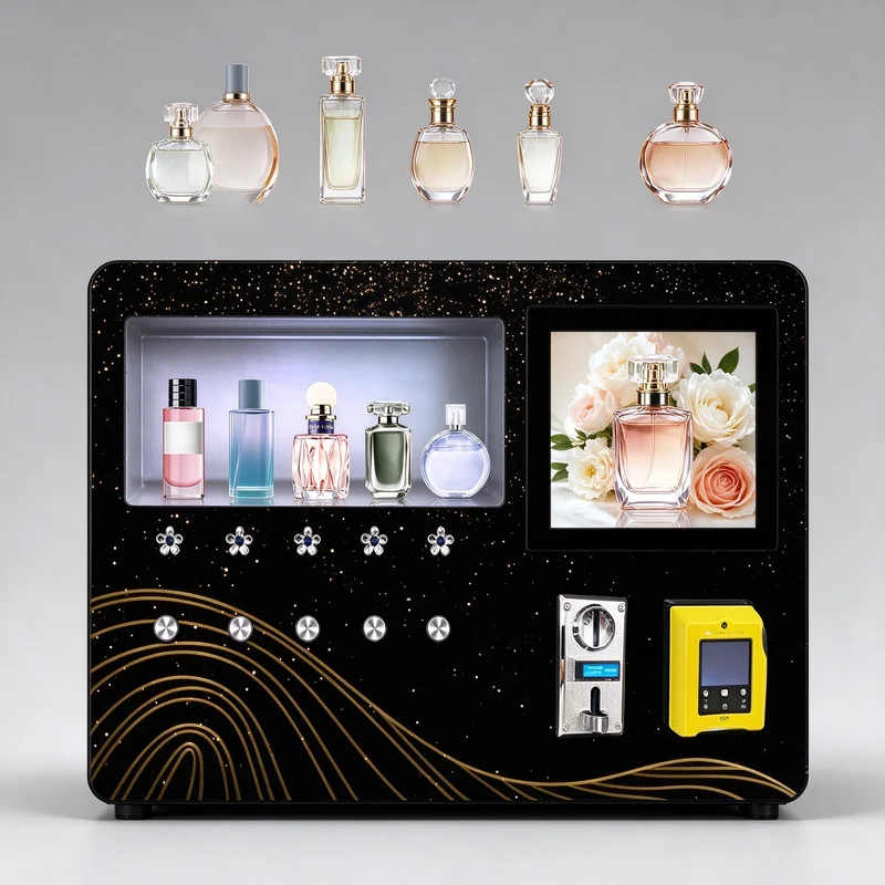 Fragrance Sample Dispensing Kiosk Vertical Stable Metal Frame Online Background Setting For Ferry Terminal Unattended Perfume