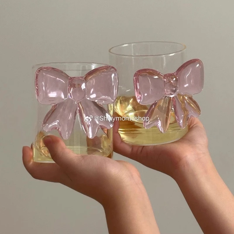 

Luxury Pink Bow Glass Cup, INS Cold Drink Glass, Cute Champagne Glass, Handmade Decorative Butterfly Cup for Parties