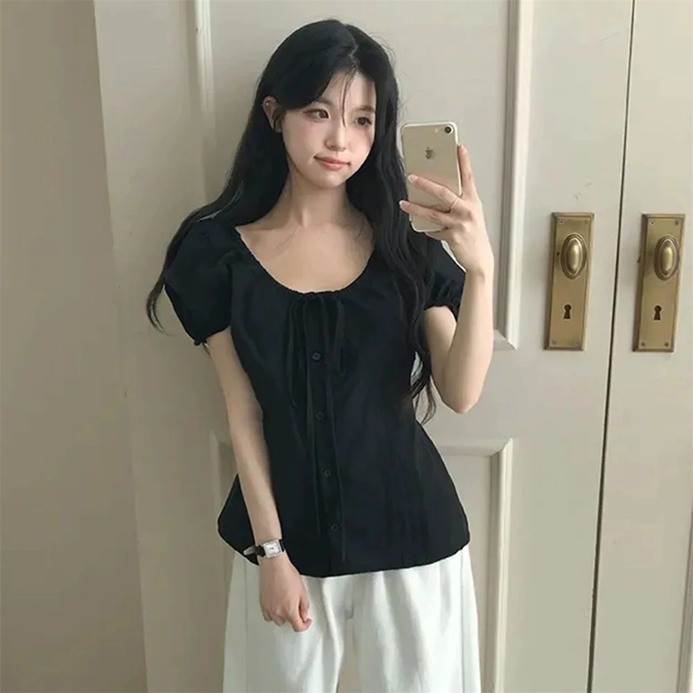 Korean Style Wind Style Belted Slim Fit Bubble Sleeve Slash Neck Shirt Women Summer Design Pressed Pleat Tops Short Sleeve Tops