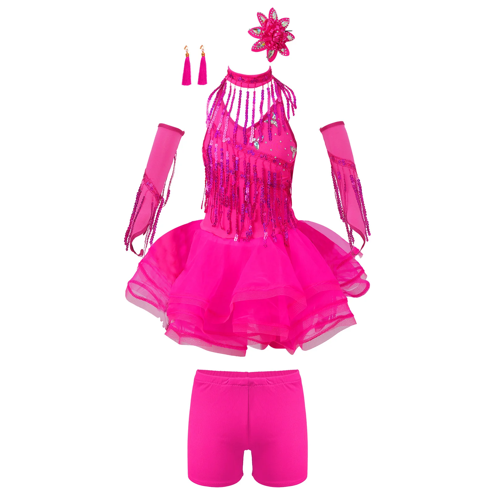 

Kids Girls Latin Tango Dance Outfits Figure Skating Performance Costumes Sequin Tassel Rumba Cha Cha Tutu Dress Shorts Gloves