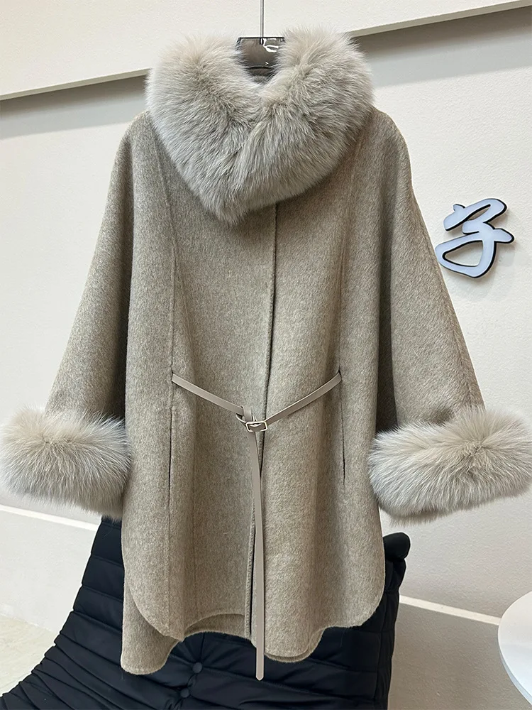 3 Kleuren Vrouwen Winter Warme Luxe Vossenbont Poncho Jas Met Riem Twee Zijde Kasjmier Europese Lange Vest Wollen Losse Mantel