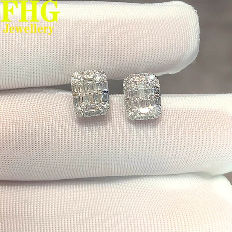 

100% 18K White Gold Women Engagement Stud Earrings 0.5 CT Certified Real Natural Diamond Earring Rectangle Halo Design