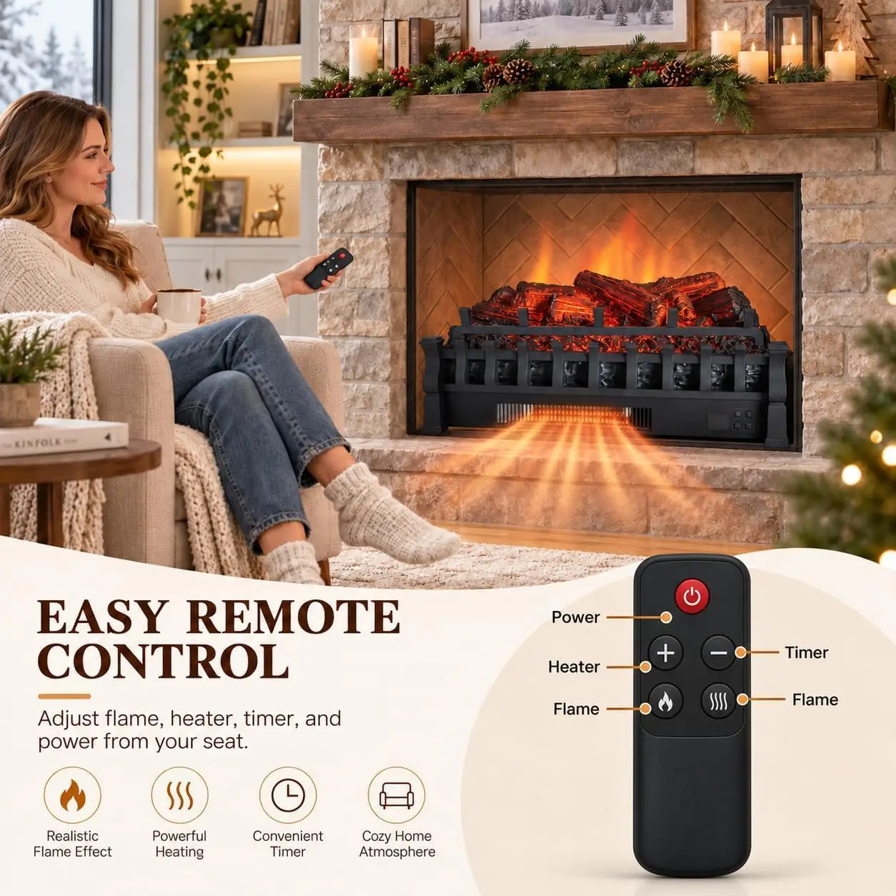 30 Inch Electric Fireplace Log Insert 120V 1500W Heater with Realistic Pine Logs LED Flame Effect Adjustable Thermostat and Remote Control for Indoor Living Room Bedroom Apartment and Office