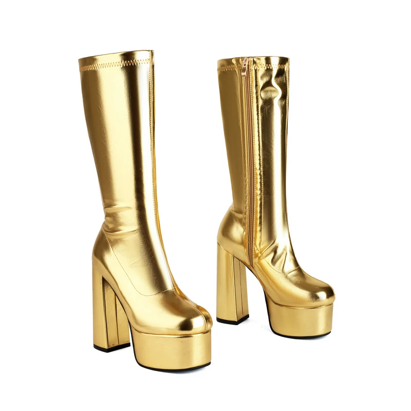 Shiny Golden Silver Sexy Club Block High Heels Fall Winter Women\'s Shoes Zip Up Platform Stretch Knee-high Boots Big Size 47 48