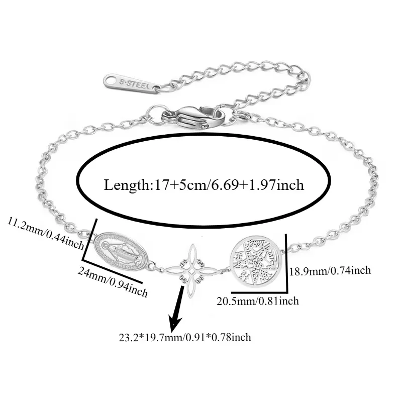 1pc Adjustable Stainless Steel Bracelet with Cross Pentagram & Virgin Mary Knot Ornament Fashion Daily Jewelry Black/Steel/Gold