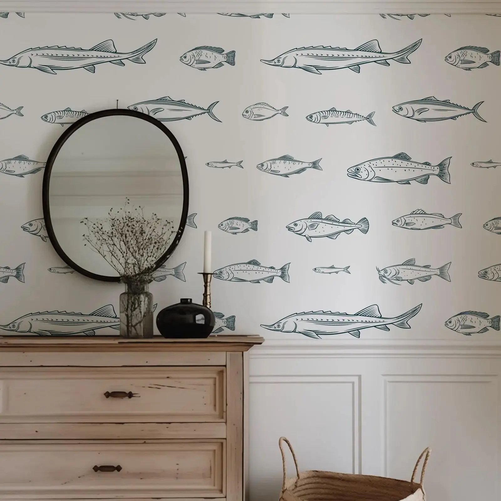 Coastal Blue Fish Ocean Wallpaper Peel & Stick, Marine Self Adhesive Wall Paper For Home Decoration,Or Tradiiton Un-paste Paper