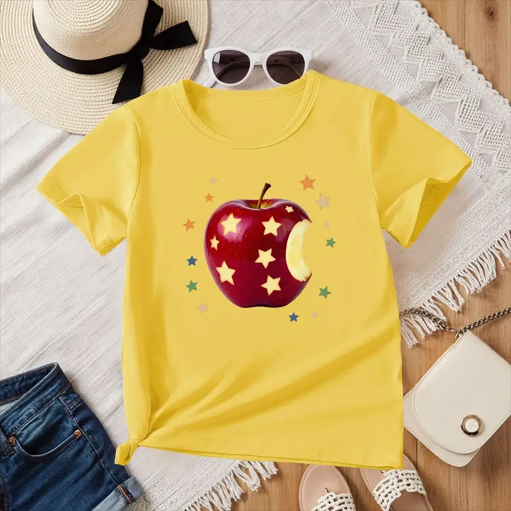 Women's Summer New Short-Sleeve Tops Red Apple and Star Printed Casual Female T-Shirt Top Kids Y2k Vintage Breathable Clothes