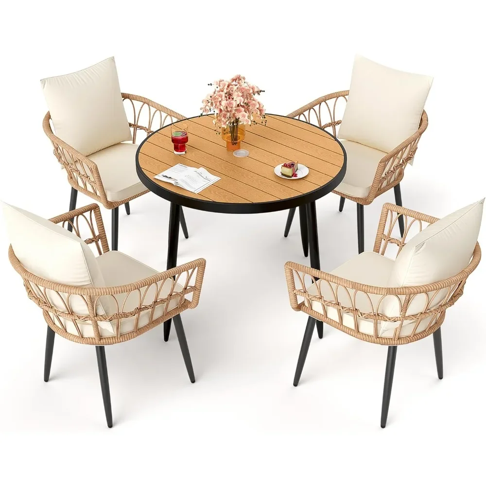 

5 Pieces Patio Dining Set, All-Weather PE Rattan Patio Furniture Set with Wood Table Top, Outdoor Table and Chairs