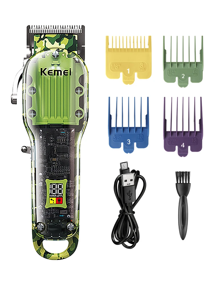 Kemei Transparent Body Electric Hair Clipper Professional Cordless Trimmer with LCD Display Hair Cutting Machine for Men KM-1926