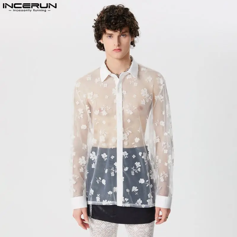 2024 Men\'s Shirt Mesh Transparent Jacquard Lapel Long Sleeve Fashion Men Clothing Streetwear Sexy Party Camisas S-5XL INCERUN