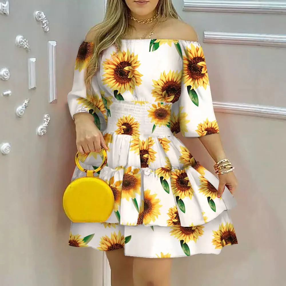 

Mini Dress for Women 2024 Summer Fashion Floral Print Off Shoulder Skirts Waist Shirr Casual Half Sleeved Daily Vacation Dresses