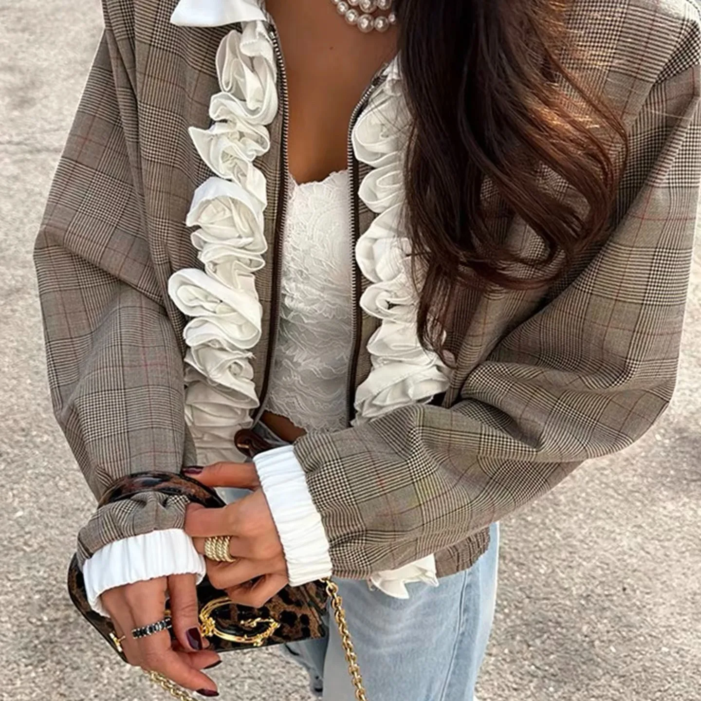 Korean Style Ins Retro Plaid Color Block Flower Decoration Short Jacket Women's Autumn Design Unique Coat Top Polyester Fiber
