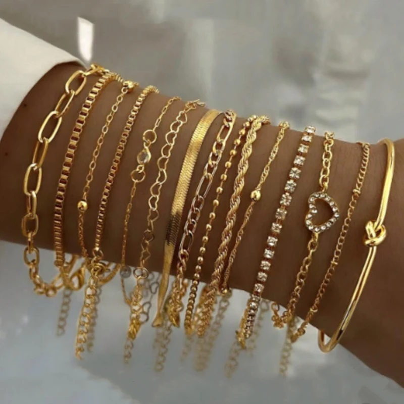 Conjuntos de pulseras con dijes de circonio y corazón elegante para mujer, pulseras de Metal con cadena giratoria de múltiples elementos minimalistas Vintage, joyería