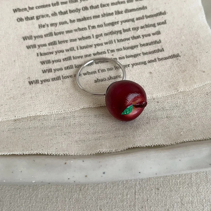 Minar Cute Romantic 3 Designs Green Red Foam Apple Leaf Simulation Fruit Cocktail Ring for Women Silver Plated Finger Rings