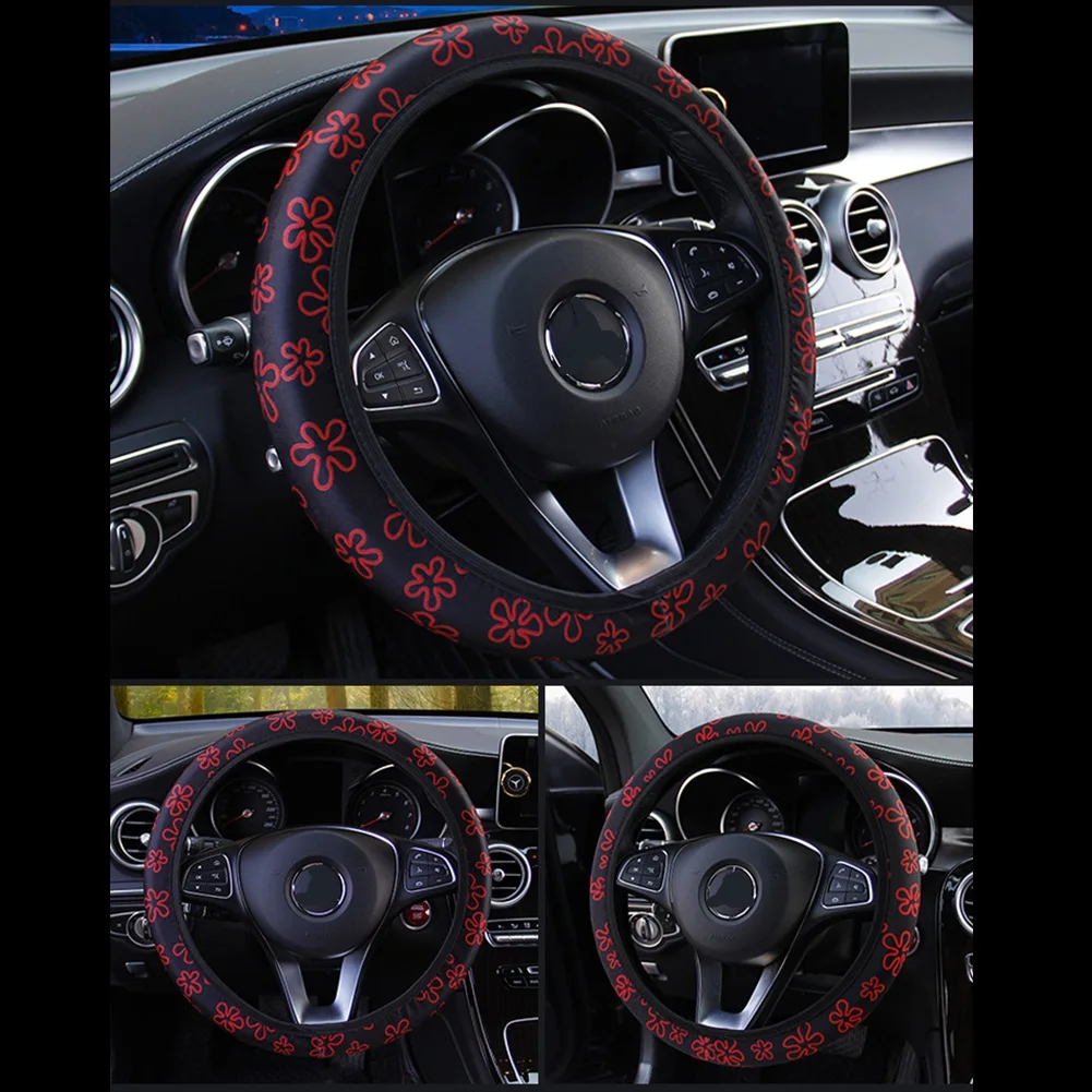 38CM Steering Wheel Cover Car Steering Wheel Cover For Women Wheel Cover Flowers Print Anti-Slip Funda Volante Car Accessories