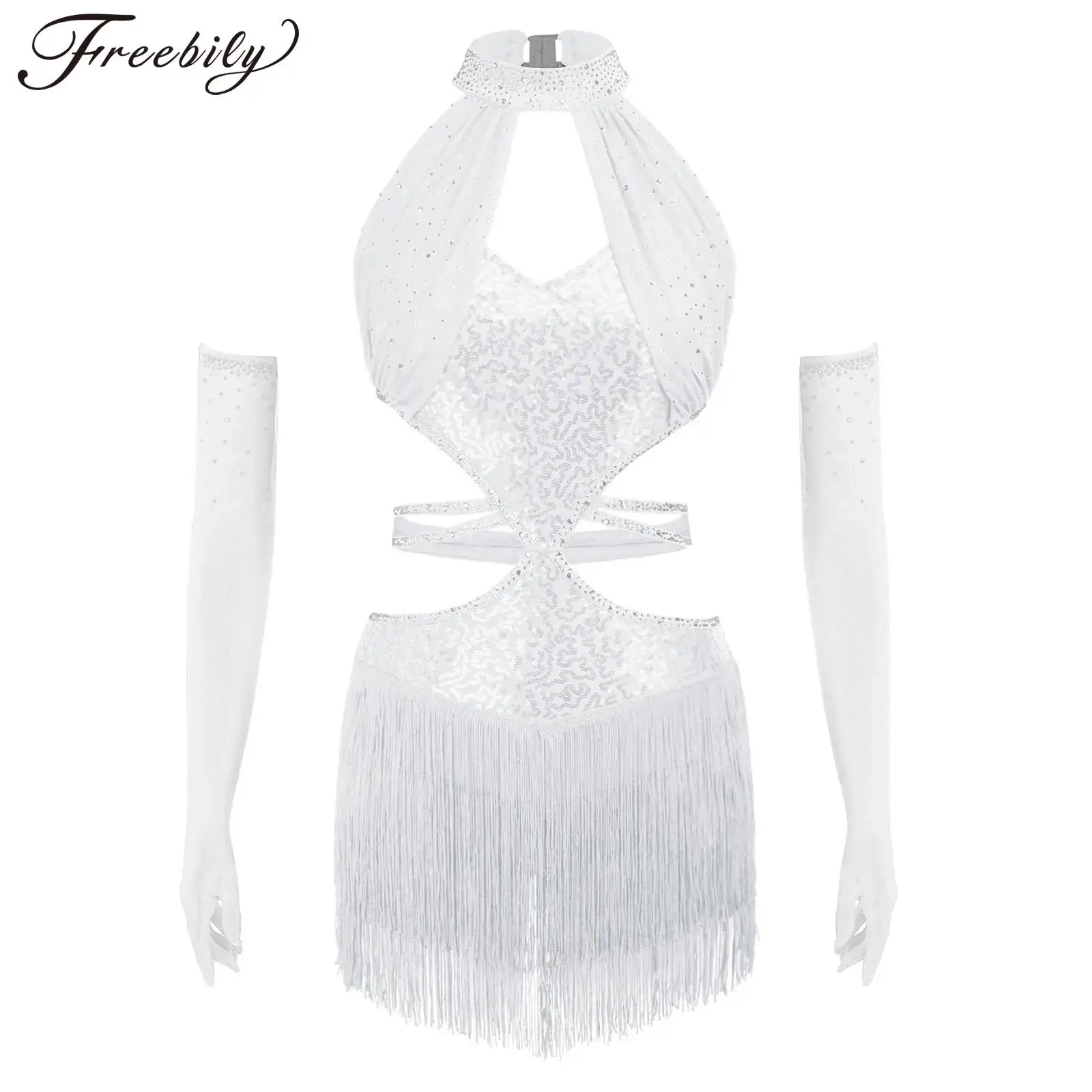 Women Fringed Latin Dance Dress Sleeveless Tassel Hem Sequined Dress with Long Gloves Dance Costumes