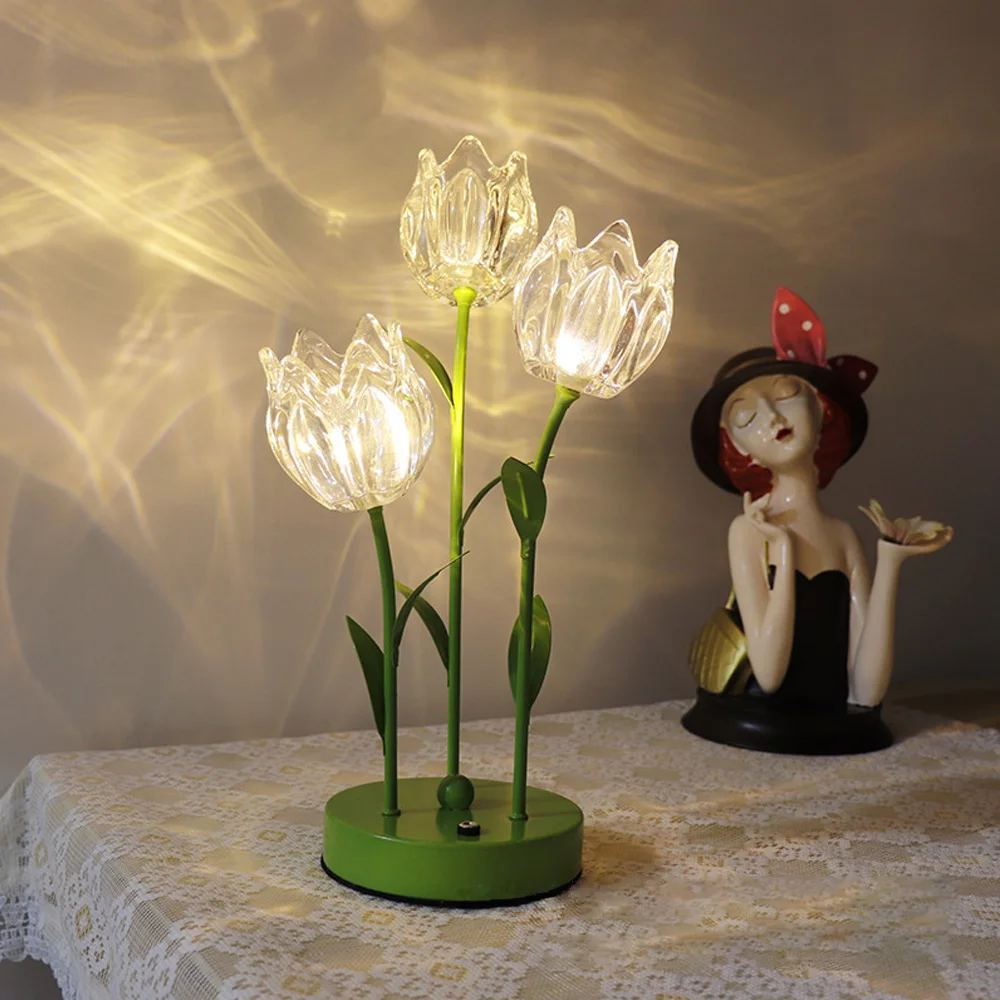 Lampa tulipanowa z włącznikiem dotykowym usb kryształowe dekoracje do domu lampka nocna z lampką dzwonka do orchidei