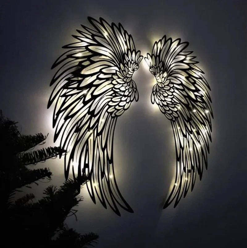 Black Angel Wings Metal Wall Hanging Art Deco with LED Lights Glowing Wings Wall Hangings Art Deco Iron Crafts Photo Prop