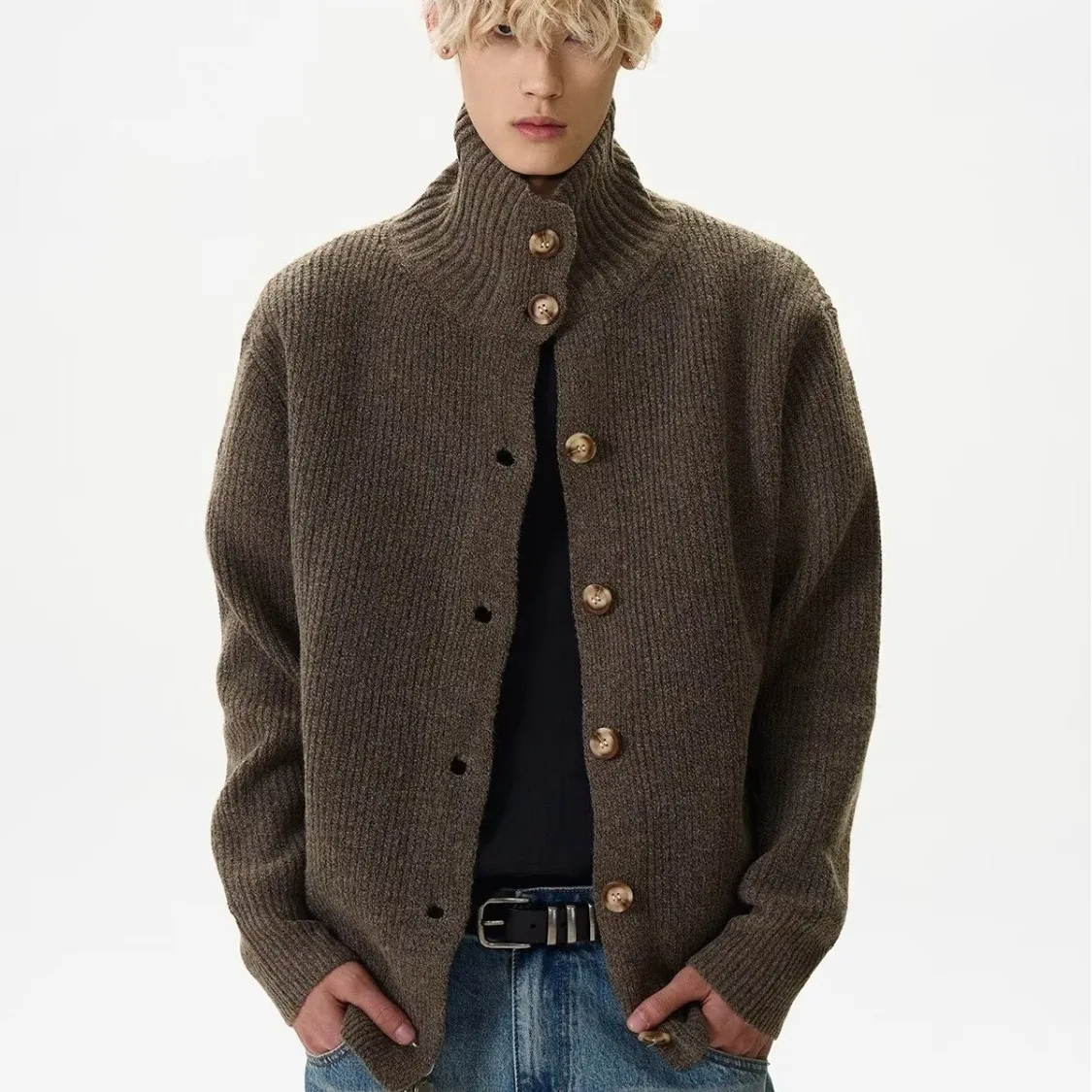 

Новое поступление осени/зимы 202, однотонный вязаный кардиган в стиле ретро с воротником-стойкой, мужской свободный свитер на пуговицах, куртка