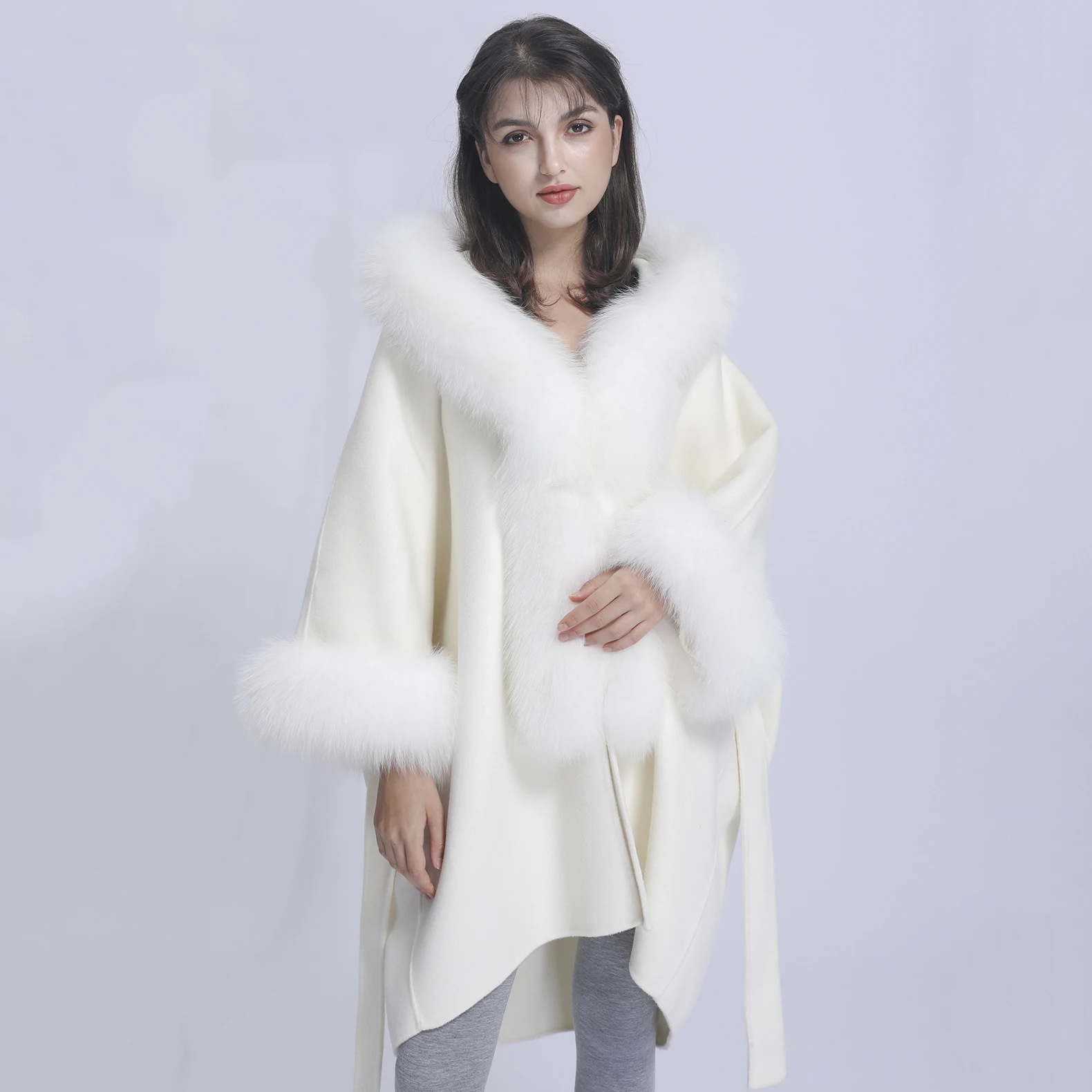 

MISSJANEFUR 2022 Fall Cashmere Cape with Fur Women Cream White Fashion Casual Wool Cloak with Hood Long Loose Real Fox Fur Coats