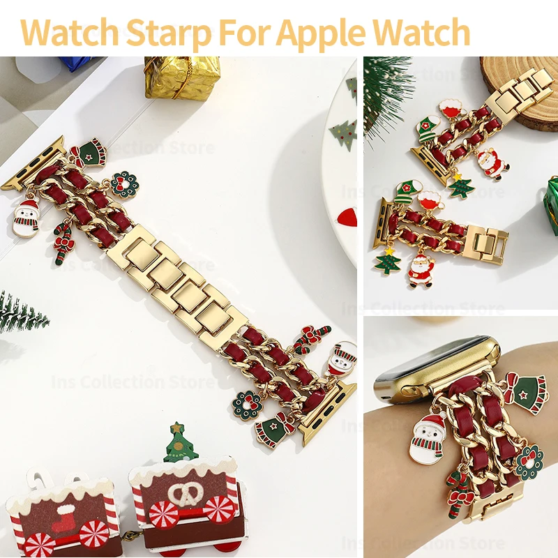 Christmas Metal Chain Strap for Apple Watch 12 11 10 9 8 Ultra4 SE 41 42 44 45 46 49mm Snowman Bell Wristband Holiday Decor Band