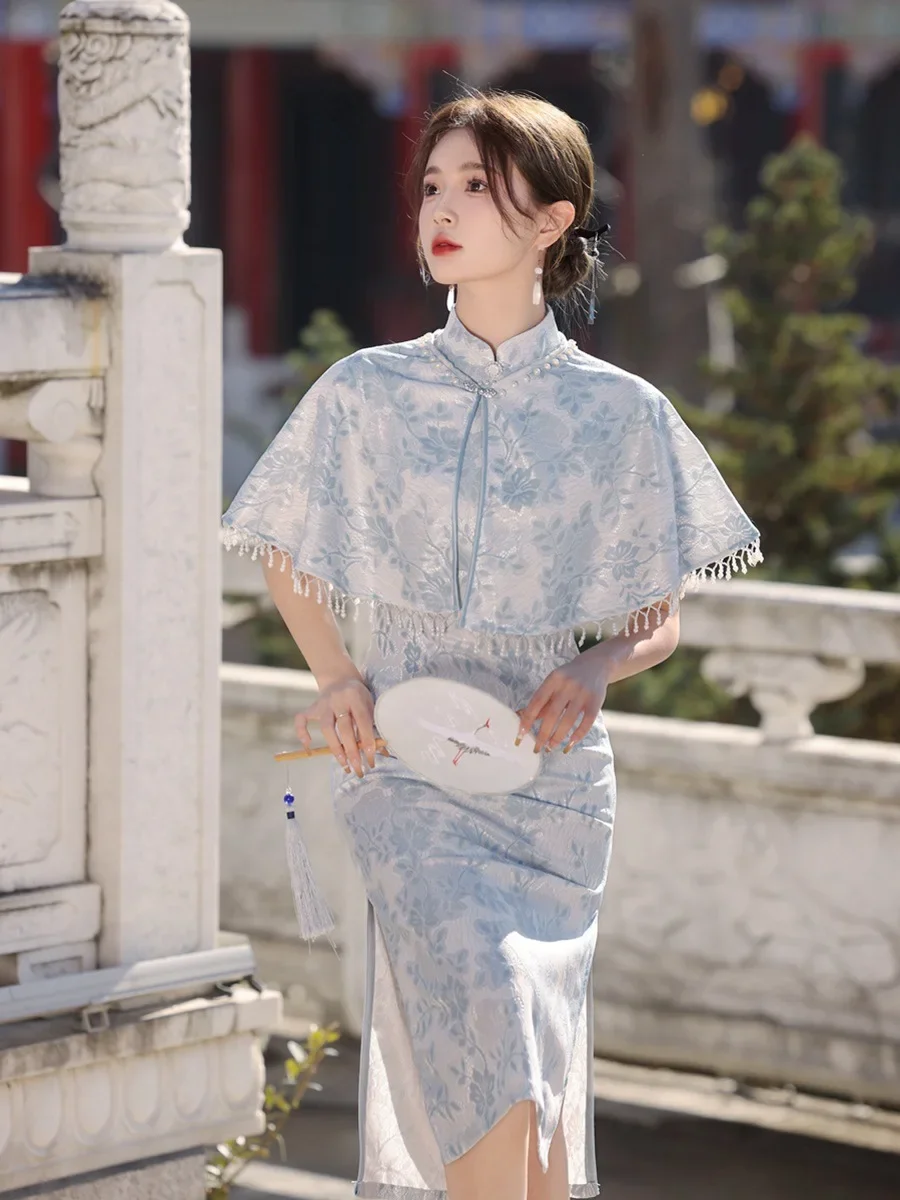 

Lake Blue Qipao Women's Spring/Summer New Mid length Cloak Shawl Two piece Set Short Sleeve Engagement Dress китайское платье