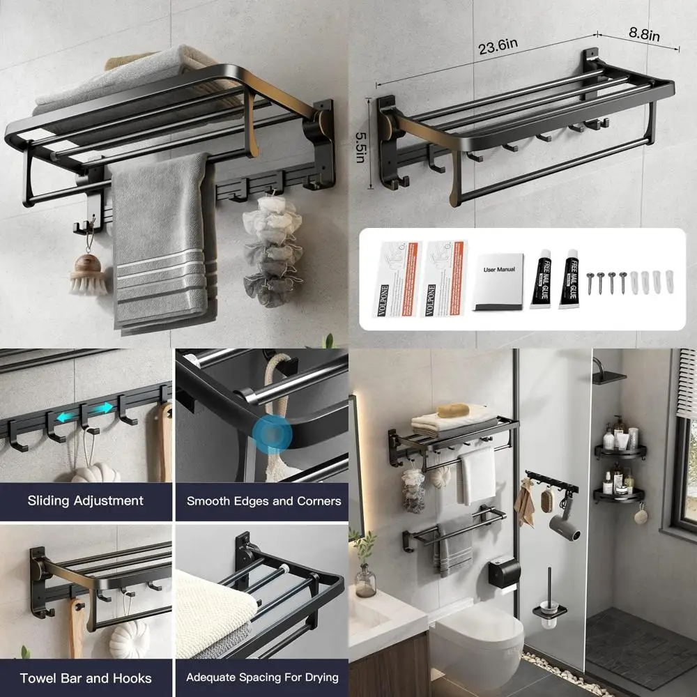 

24 Inch Foldable Towel Rack with Movable Hooks - Wall Mount Rustproof Towel Storage Shelf for Bathroom Organization