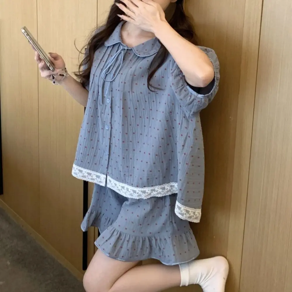 

French Style Dot Sweet Pajamas Set O Neck Loose Short Sleeve Nightwear Home Wear Suit Lace Ruffle 2 Pieces Sleepwear Sleep
